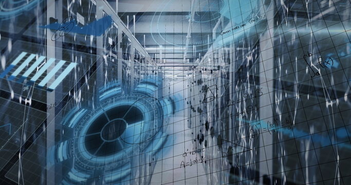 Image of mathematical equations over interface with data processing against server room