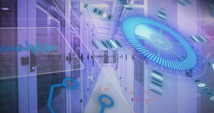Image of mathematical equations over interface with data processing against server room