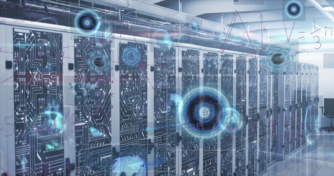 Image of mathematical equations over round scanners and data processing against server room