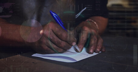Naklejka premium Image of data processing over african american man using taking notes