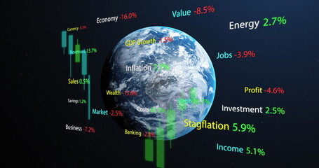 Image of data processing over globe on black background