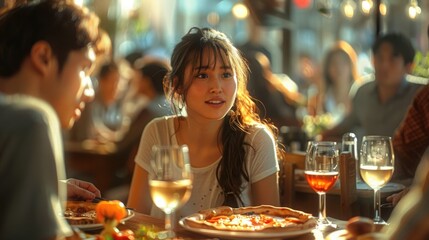 A woman is seated at a table, enjoying a meal with a pizza and wine glasses.
