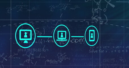 Image of connections with icons and math formulas on navy background