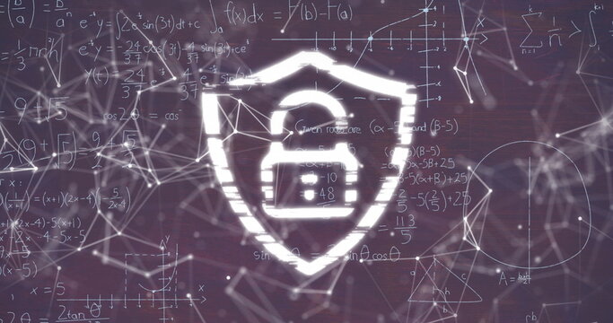 Image of digital padlock, connections and math formulas on dark background