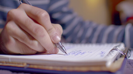 A close-up of a student's hand holding a pen, writing notes on a notebook, with details of the student's focused expression, the pen's smooth movement, and the notebook's neatly written notes.