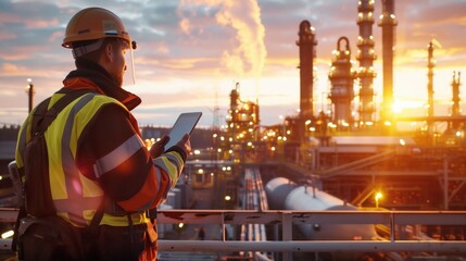 Industrial engineer in hardhat using tablet, with oil refinery in background during sunset.