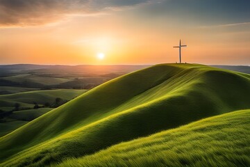 cross on top of a green hill