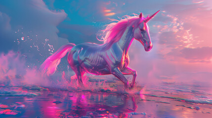 saturated chromatic pink unicorn running on the pink water at sunset 