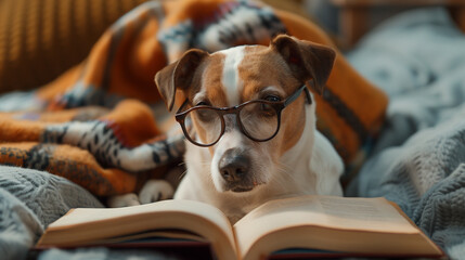 smart dog with glasses reading a book - obrazy, fototapety, plakaty
