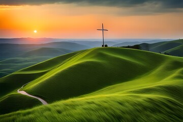cross on top of a green hill - obrazy, fototapety, plakaty