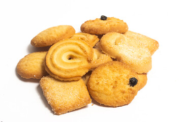 Group of assorted of danish butter cookies isolated on white background clipping path