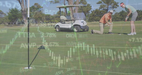 Image of data processing over caucasian golf players