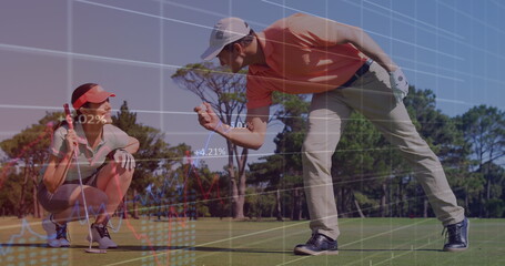 Image of data processing over caucasian golf players