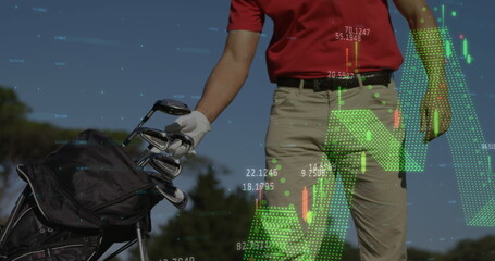 Image of financial data processing over caucasian man picking a golf stick from his bag