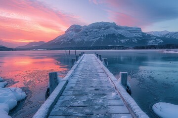 A wooden pier is in front of a mountain range - obrazy, fototapety, plakaty