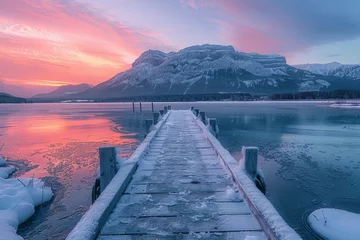 Foto op Canvas A wooden pier is in front of a mountain range © itchaznong