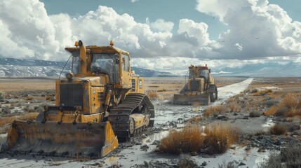 Self-Driving Bulldozers Constructing a Transient Airstrip in an Emergency Evacuation Operation - obrazy, fototapety, plakaty