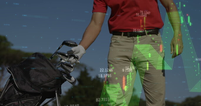 Image of financial data processing over caucasian man picking a golf stick from his bag