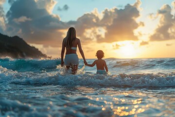 Fototapeta na wymiar A serene moment of a woman and her child playing in the ocean waves against a breathtaking sunset