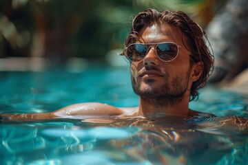 Confident man with facial hair relaxing in a pool, wearing sunglasses, and reflecting the serene surroundings - obrazy, fototapety, plakaty