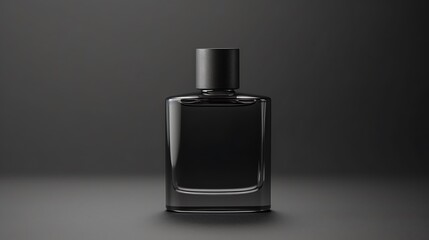 the minimalist charm of a black fragrance perfume bottle mockup against a dark, empty backdrop, attractive look