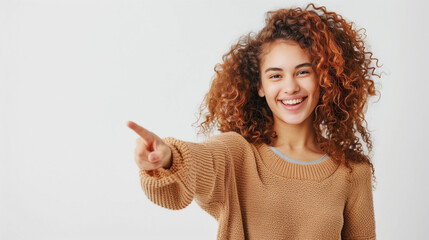 Smiling girl pointing to blank space for ads, ads promotion concept