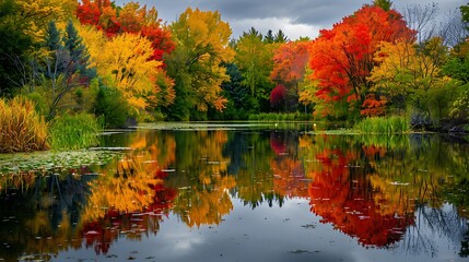 A dreamy autumn landscape with colorful foliage reflecting in a tranquil pond, creating a picture-perfect setting for relaxation