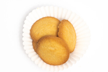 Group of danish butter cookies the country style cookie at paper cup top view isolated on white background clipping path