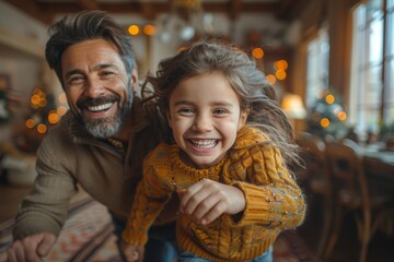Fototapeta premium A playful father giving a piggyback ride to his laughing daughter in a cozy home setting with festive lights