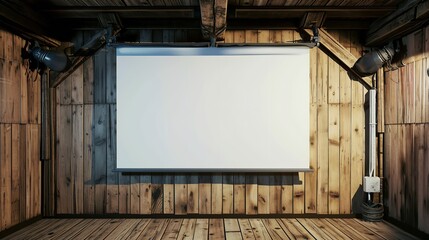 Empty White Projector Screen Hanging from Ceiling