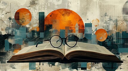 Tranquil Reading Moment: Open Book with Glasses in Contemporary Art Collage

