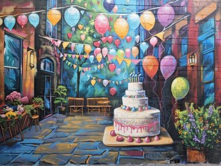 Birthday scene in urban art, chalk cake and balloons with graffiti wishes, street party mural