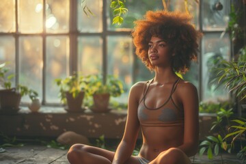 A young woman enjoys tranquil meditation surrounded by lush plants in a sunlit greenhouse environment