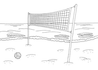 Beach volleyball sport graphic black white landscape sketch illustration vector 