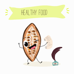 Cute  cartoon Cocoa Beans,  chocolate characters with different activities. Flat vector illustration, funny fruits, funny beans. Cartoon style smiling mascot for kids menu decoration.