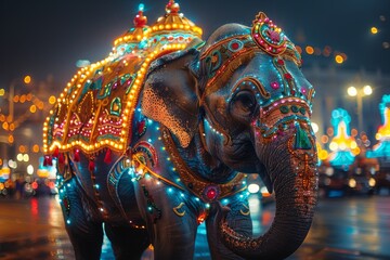 Obraz premium Majestically adorned elephant stands before an urban cityscape at night