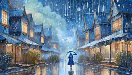 雨の街角,梅雨,雨季,rainy season, blue rain,Generative AI AI画像 - obrazy, fototapety, plakaty