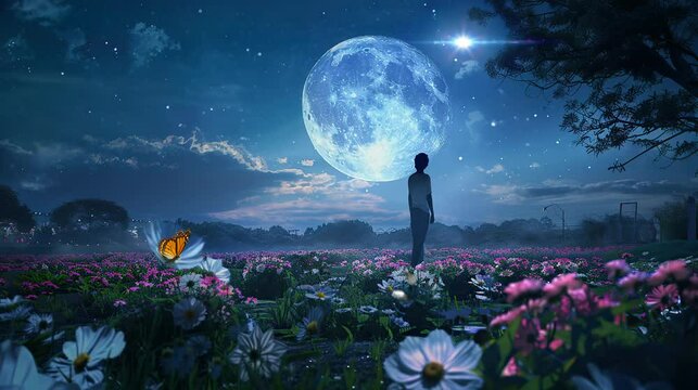 A young man was standing in a flower bed amazed by the beauty of the full moon. seamless looping time-lapse virtual 4k video Animation Background.