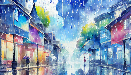 雨の街角,梅雨,雨季,rainy season, blue rain,Generative AI AI画像 - obrazy, fototapety, plakaty