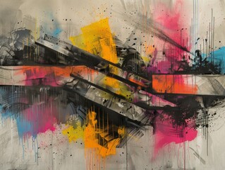 Graffiti scene contrast, stark charcoal lines against colorful spray backgrounds, artistic clash