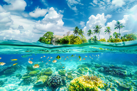 A split view from the water level of a tropical island and swimming fish