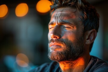 Fototapeta premium The photo shows a mature man with a hidden face, gazing away with a serious expression amidst a warm lit background