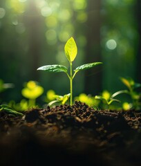 "Tranquil Growth: Green Sprout in Lush Forest"