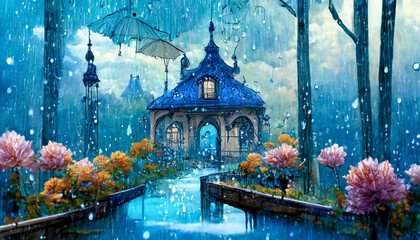 青い雨,梅雨,雨季,rainy season, blue rain,Generative AI AI画像 - obrazy, fototapety, plakaty