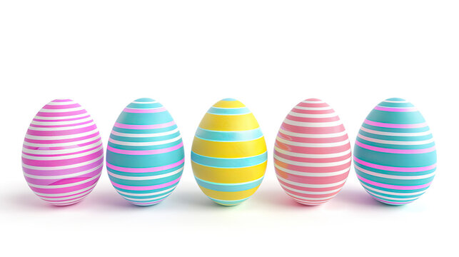 row of colorful striped easter eggs isolated on white background