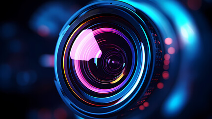 Professional camera lens with colorful bokeh lights - obrazy, fototapety, plakaty