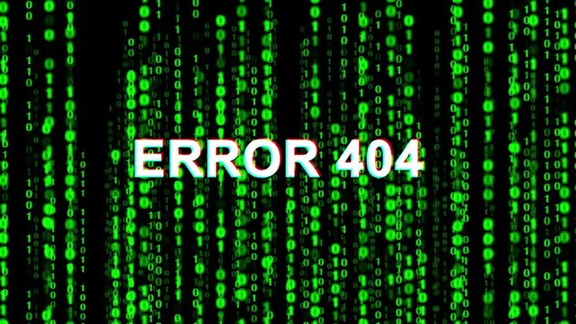 Green matrix digital binary code falling with warning system Error 404 alert. Motion Graphic.