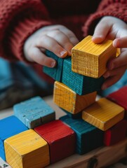 Minimalist close-up photography detail of a child playing with some colorful wooden building blocks...