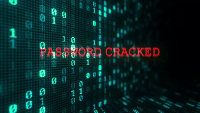 Green digital binary code moving with warning system password cracked alert. Motion Graphic.
