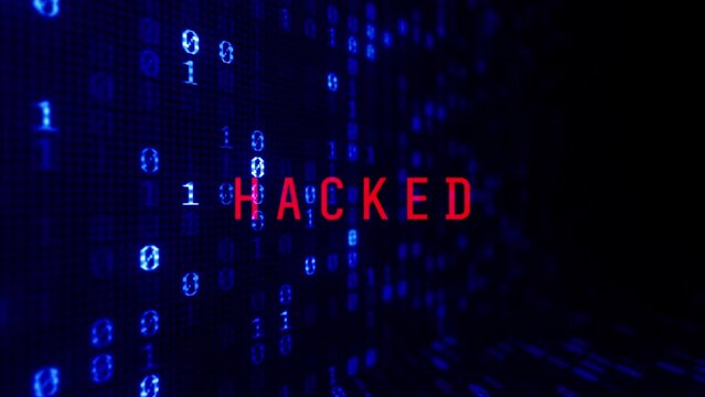 Shiny blue digital binary code moving with warning system Hacked alert. Motion Graphic.